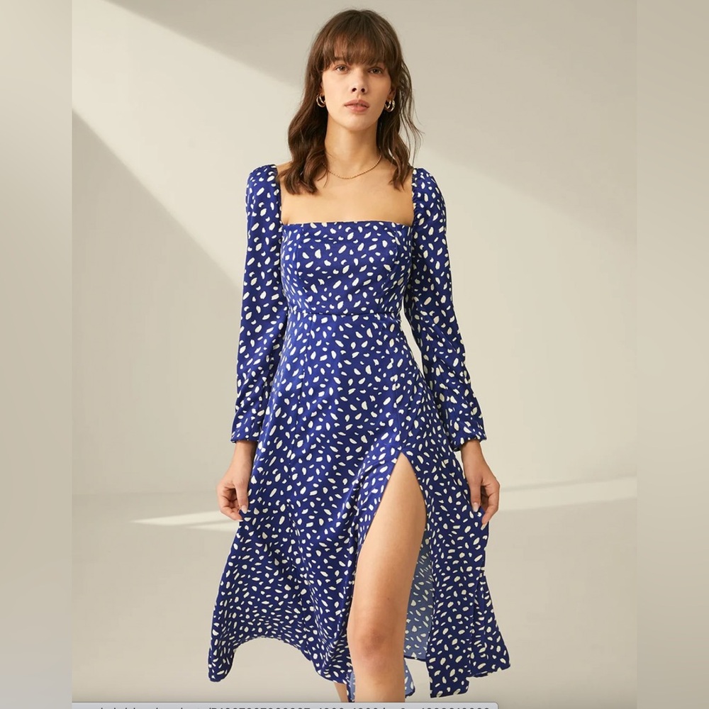 Square Neck Long Sleeve Patterned Slit Dress